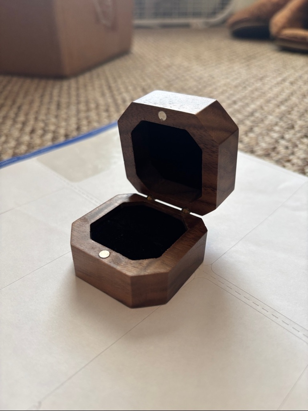 Octagonal Wood Ring Box with Black Velvet Interior